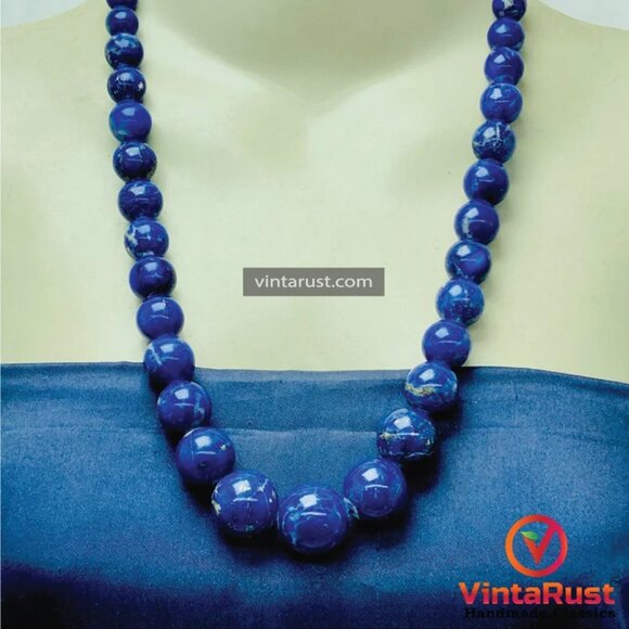 Lapis Lazuli Blue Bead Necklace, Vintage Lapis Stone Single Strand Graduated - Picture 1 of 10